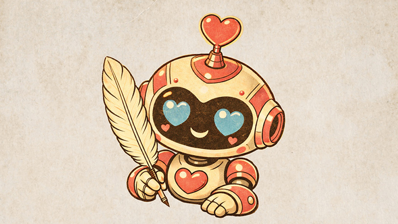 Cute robot with heart-shaped eyes and antenna holding a large feather quill on a textured background.
