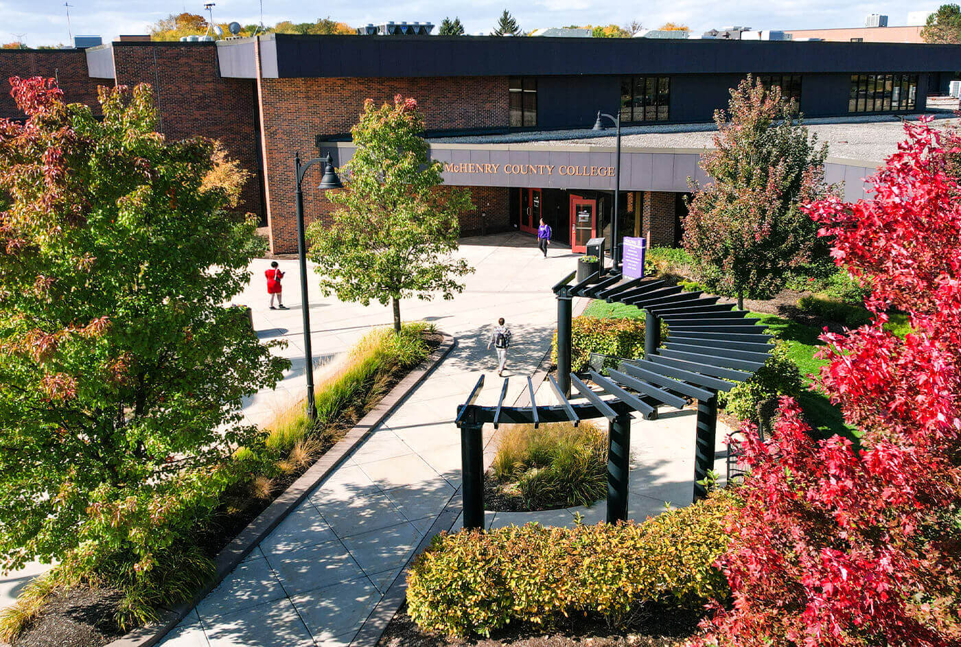the entrance to Building B pictured in the fall