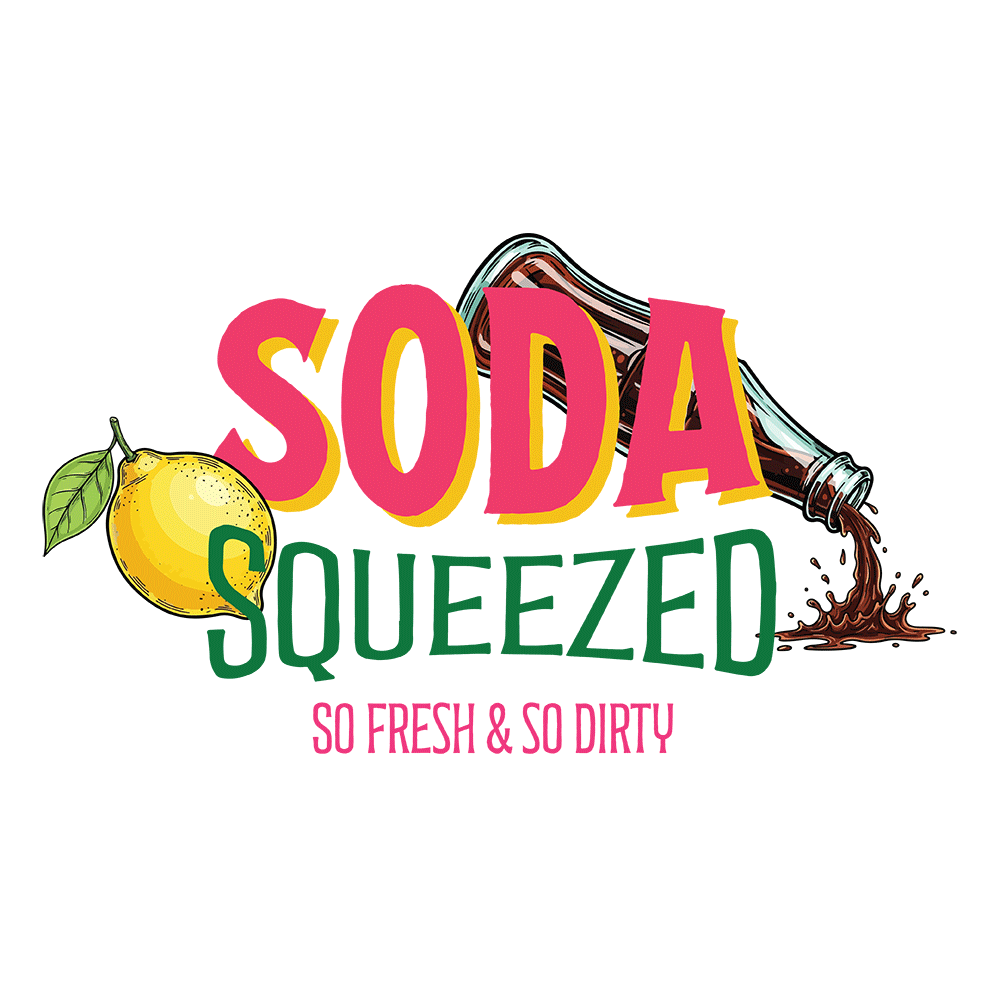 Illustration of a lemon and a tilted soda bottle pouring liquid with the text 'Soda Squeezed' and the tagline 'So Fresh & Dirty'.