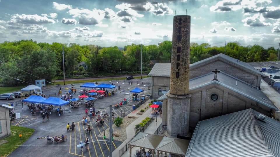 An aerial view of Sew Hop'd Brewing hosting an outdoor event