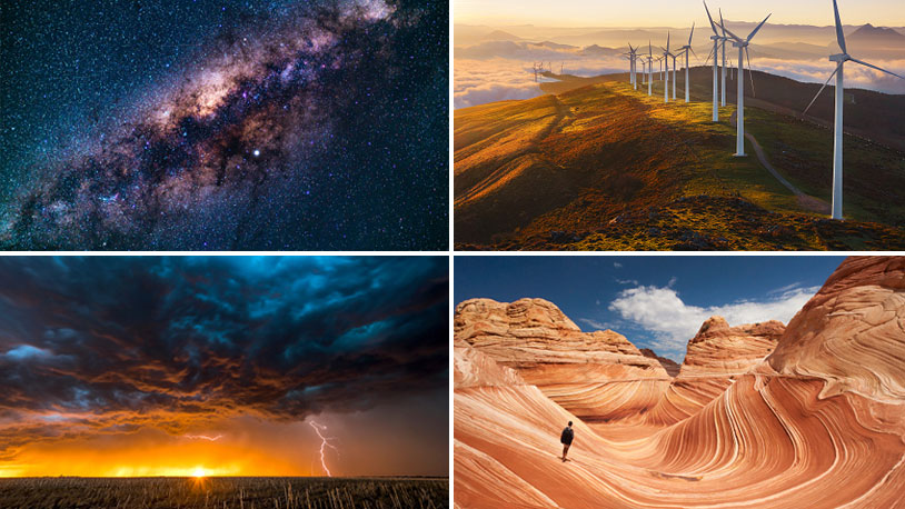 collage of photos of astronomy, rock formations, lightning