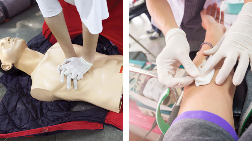 photos of CPR training and drawing blood