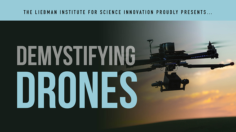 Close-up of a high-tech drone hovering against a sunset sky, highlighting its intricate design and camera equipment.