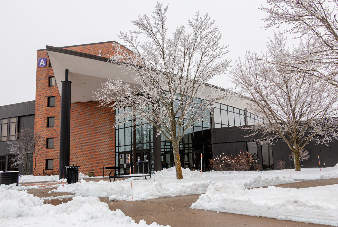 the entrance to Building A pictured in winter