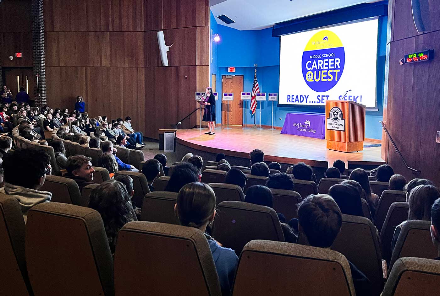 students in Luecht Auditorium listen to Career Quest presentation