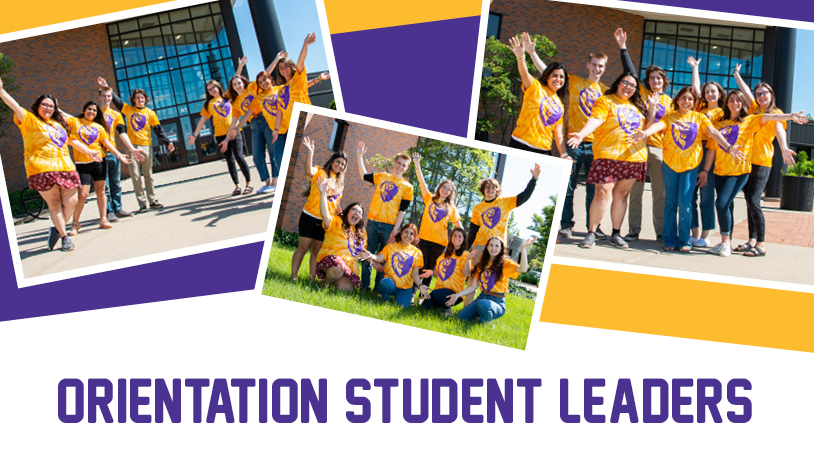 3 photos of Orientation Student Leaders wearing gold MCC mascot shirts create a montage. 