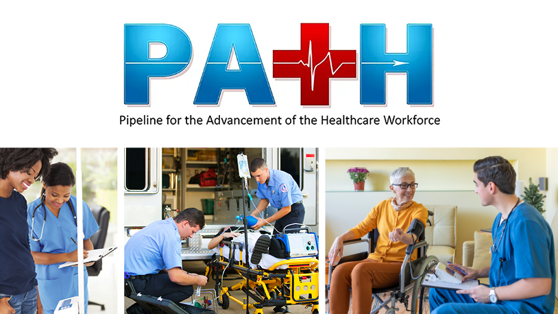 A medical professional writing the weight of a patient on a scale. Two EMTs loading a patient into an ambulance. A healthcare professional taking an elderly patient's blood pressure. 