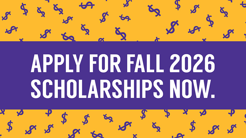 White text on a purple background says "Apply for Fall 2026 Scholarships Now"